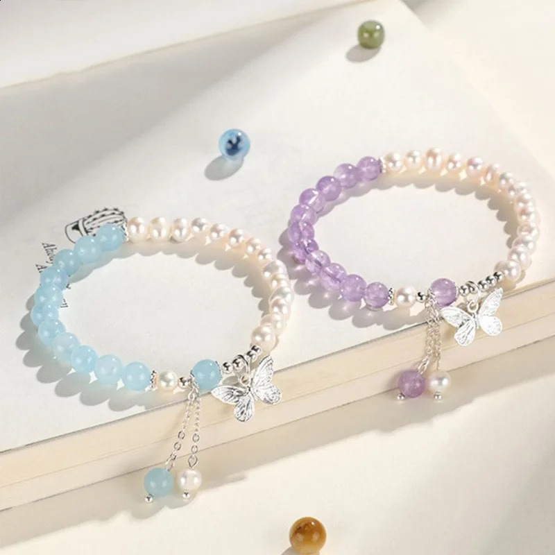 Minar Exquisite Silver Copper Contrast Natural Stone Crystal Freshwater Pearl Tassel Butterfly Chain Bracelet 241018