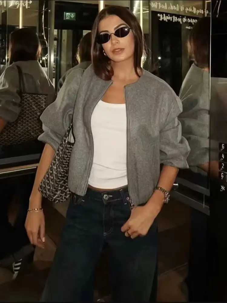 Ladies Fashion Autumn Winter Jacket Women Retro Round Neck Long Sleeve Elastic Hem Zipper Soft Bomber Jacket Women Coat FemaleX241018
