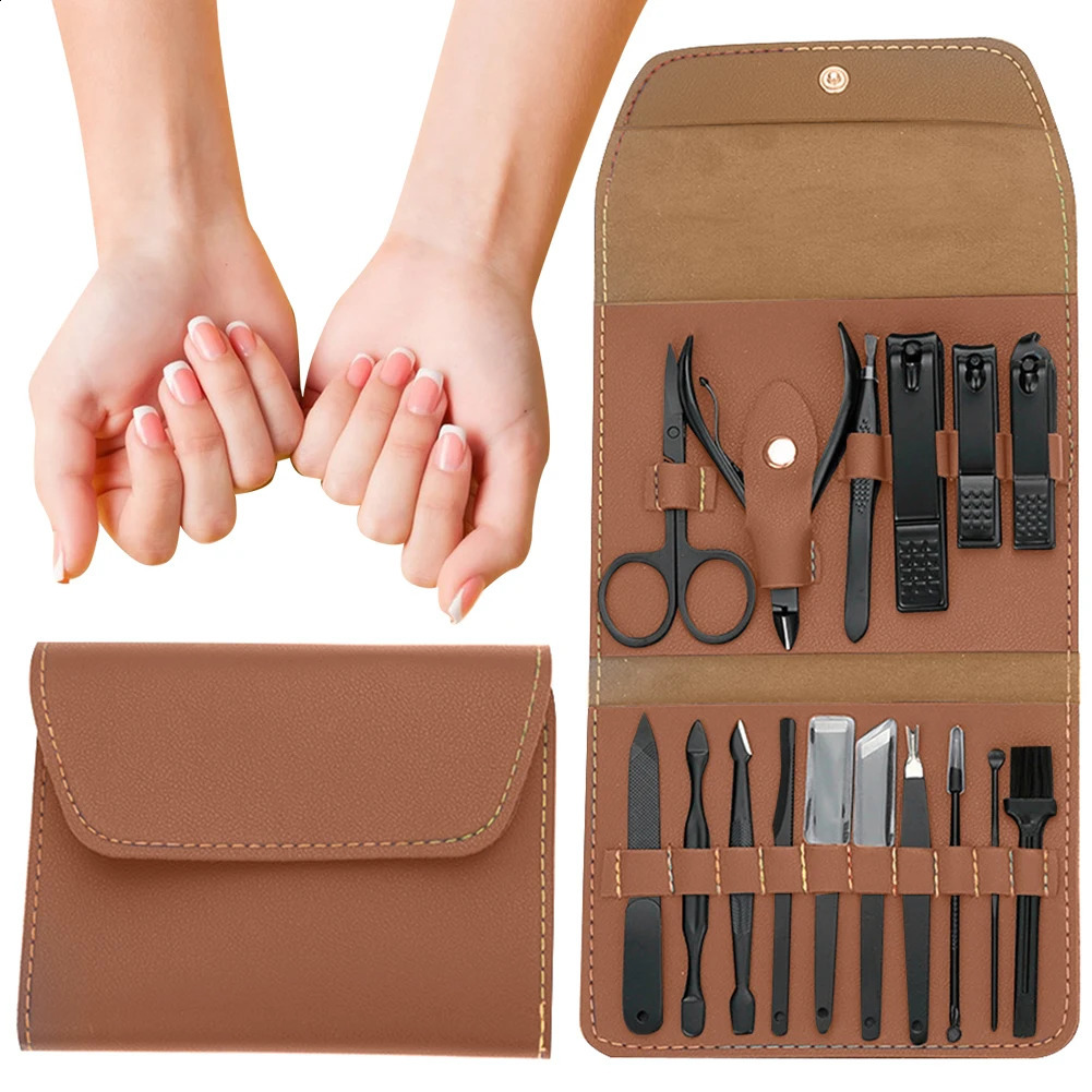 16Pcs Professional Manicure Set Nails and Toenail Pliers Stainless Steel Nail Cutters Tools with Leather Case for Men Women 241017