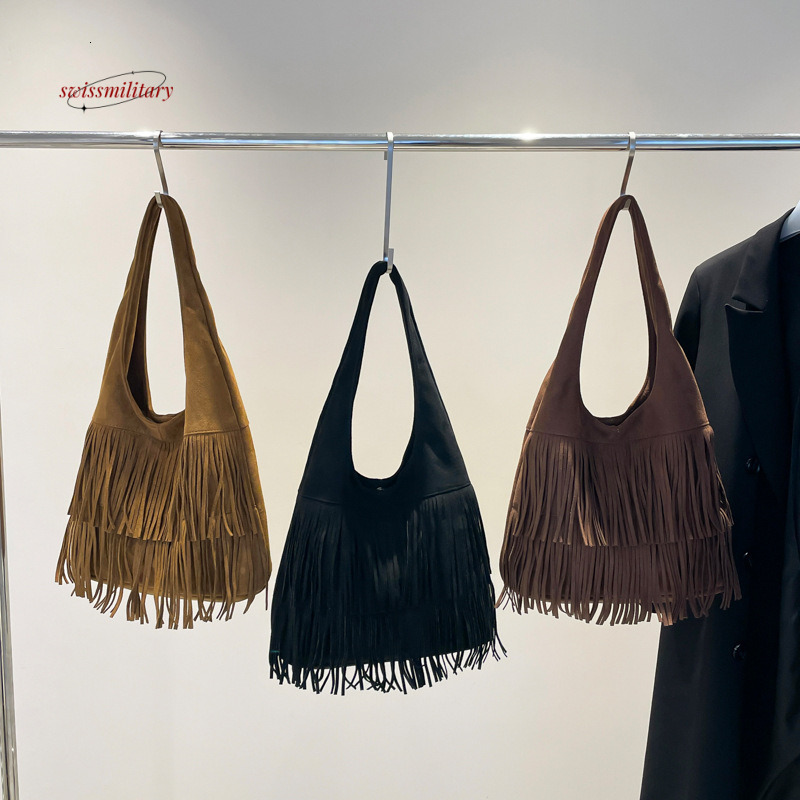 American matte tassel shoulder 2024 large capacity tote bag, vacation style bohemian armpit bag #30