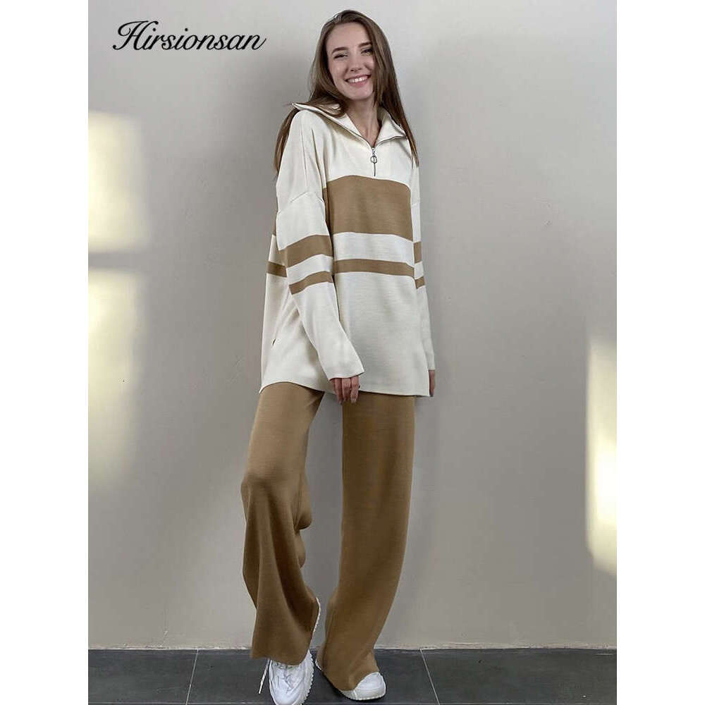 Hirsionsan Winter Cashmere Women Suits Soft 2 Pieces Cusual Female Sets Zipper Sweater & Loose Pants Knitted Outfit 2023