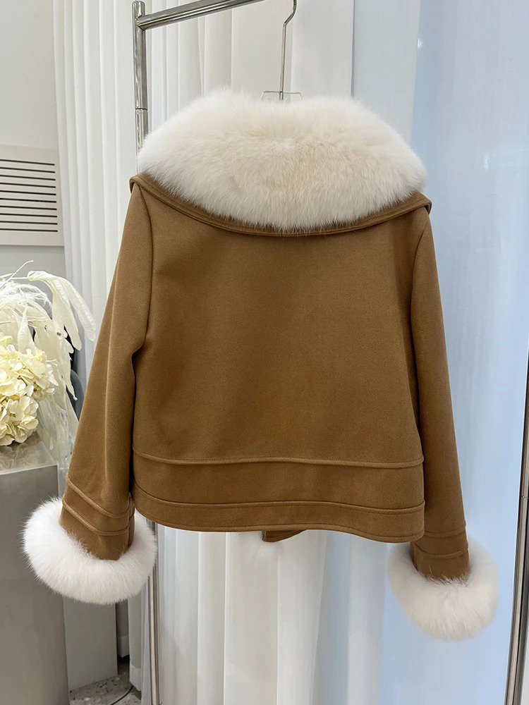 Womens Short Puffer Jacket Coats Winter Goose Down Natural Fox Fur Collar Thick Outerwear 241018