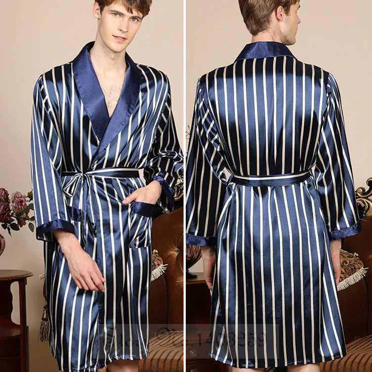 Plus Size 3XL 4XL 5XL Men Robe Sleepwear Navy Blue Stripe Kimono Bathrobe Gown with Pocket Summer Satin Home Clothes Lounge WearXJ241018