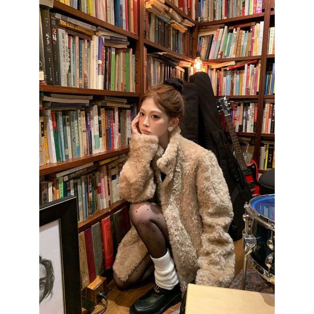 Vintage Lambswool Thicked Warm Coat Women 2024 Autumn Winter New Loose Jackets Y2k Grunge Long Sleeve Mid-Length Tops Mujer