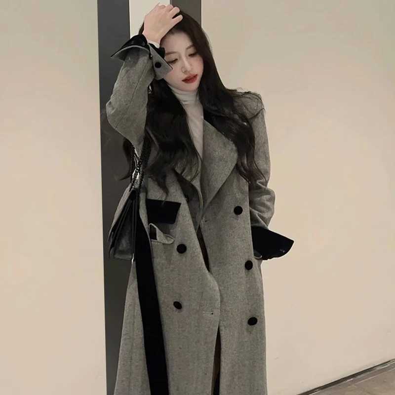 Hepburn style gray woolen coat for womens autumn and winter 2024 new long suit style woolen coatX241009
