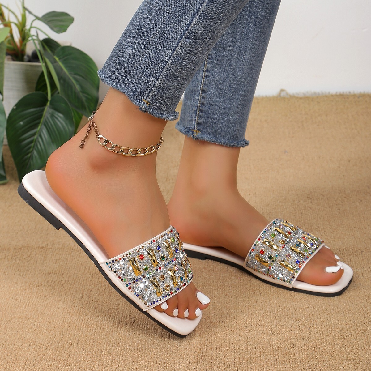 Summer Large Size For New Ladies Flat Beach Slippers Women Diamond Sandals Designer Black Outdoor Shoes Ddmythur