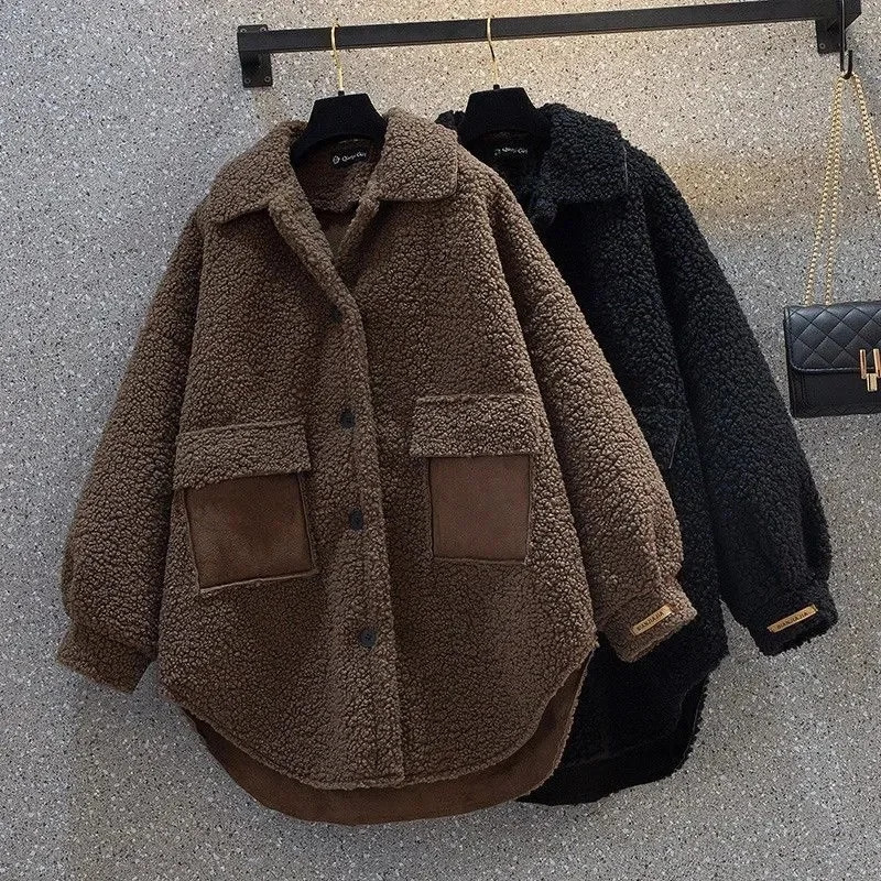 Women Grain Lamb Wool Jacket Autumn Winter Fat Sister Is Thin Thick Chic Hong Kong Style n Female Coat 241018