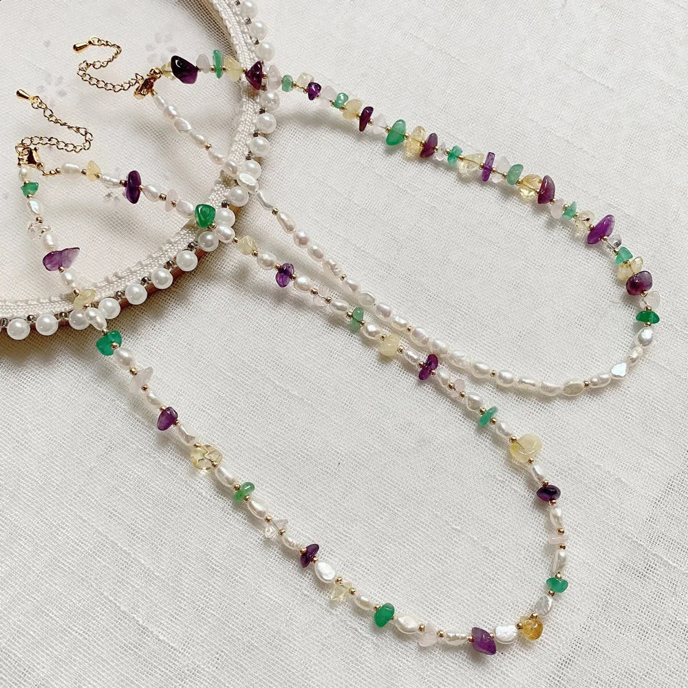 Irregular chip natural crystal necklace amethyst lemon small Baroque pearl charm truly natural freshwater pearl necklace 241018