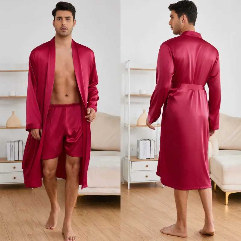 Solid Color Simple Homewear Mens Sleepwear Silk Satin Robe Shorts Pajamas Suit Spring Autumn Long Sleeved Bathrobe NightgownXJ241018