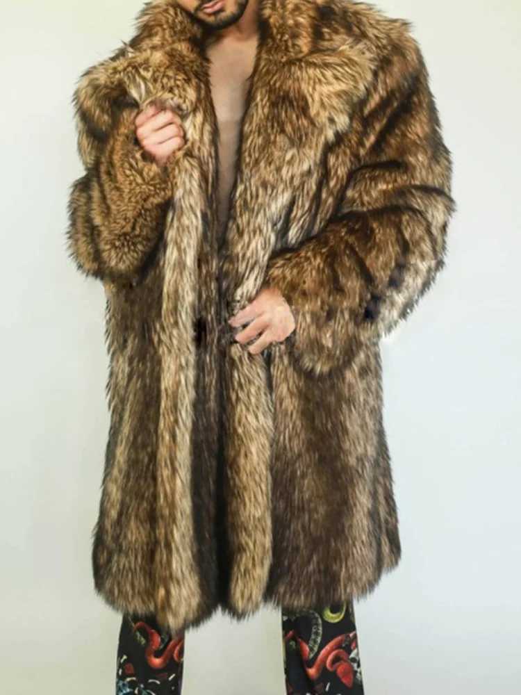 Mens autumn and winter thick Maxi faux fox fur coat jacket long sleeved warm luxury fur black park Bontjas fur furry coat W241009