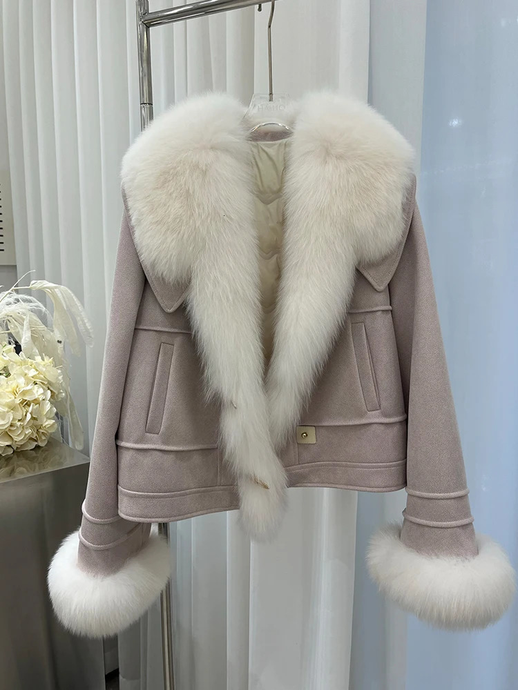 Womens Short Puffer Jacket Coats Winter Goose Down Natural Fox Fur Collar Thick Outerwear 241018