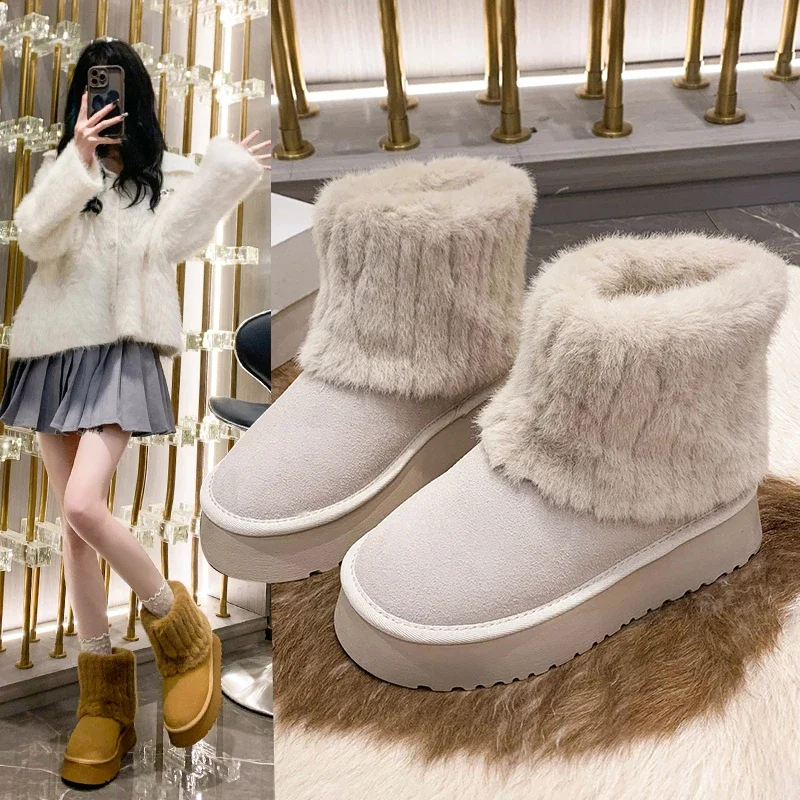 Mid Length Boots for Women's Winter 2024 New Western-style Thick Soles with Plush Insulation Fashion Women's Cotton Boots