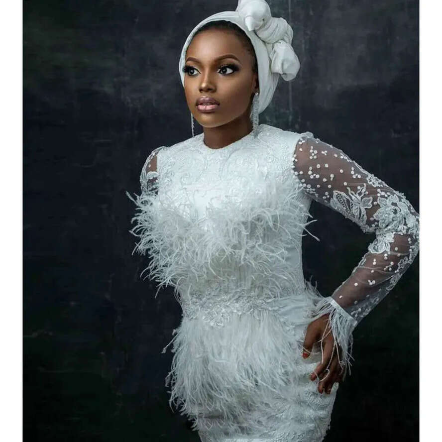 Mermaid Sleeve Feather Long White With Dress Jewel Beads Applique Lace Formal Ocn Custom Made Or Length