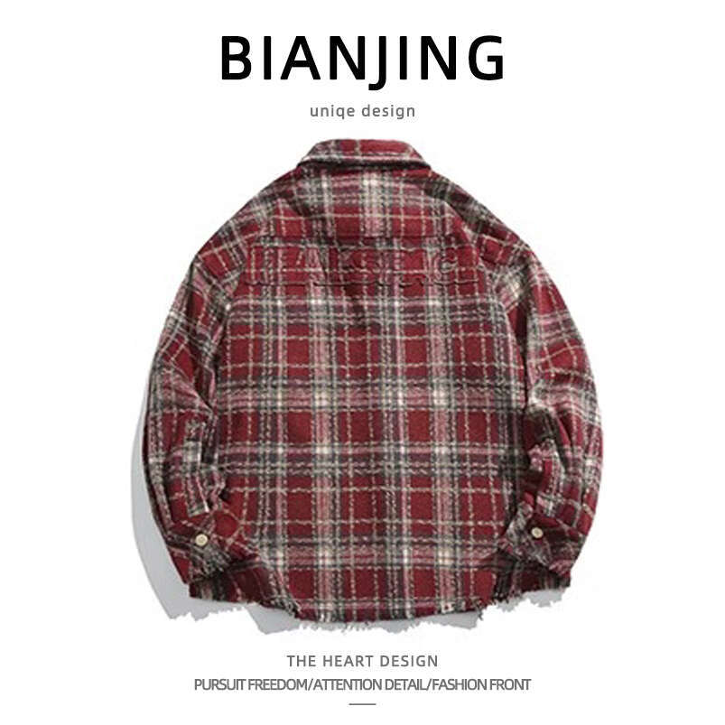 shanshi Men's shirts American plaid brushed long sleeved shirt men high street fashion brand spring and autumn niche high-end personalized jacket