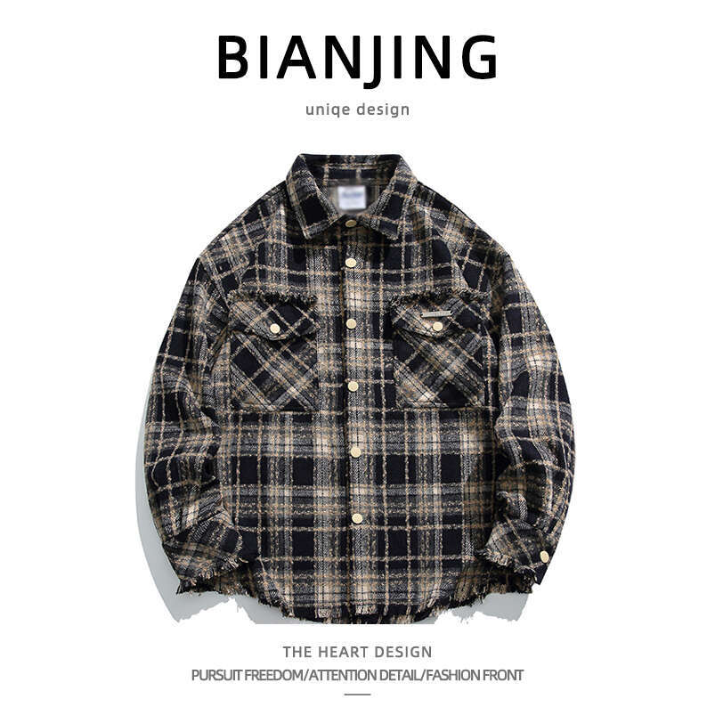 shanshi Men's shirts American plaid brushed long sleeved shirt men high street fashion brand spring and autumn niche high-end personalized jacket