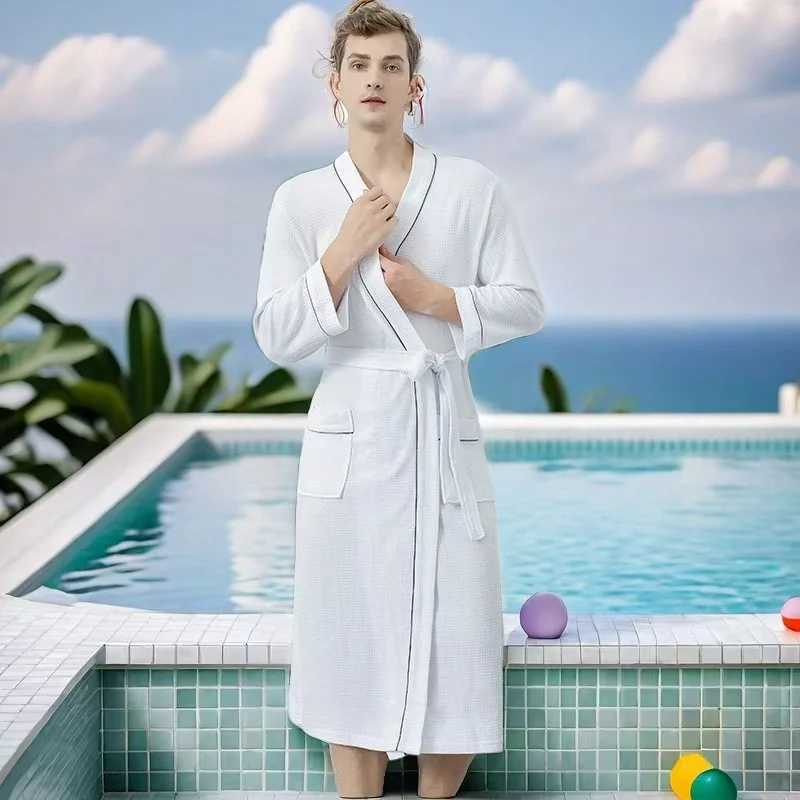 Waffle Bathrobe for Men 100% Cotton Robe Sleepwear Long Sleeve Brides Kimono Casual Home Clothing SummerXJ241018