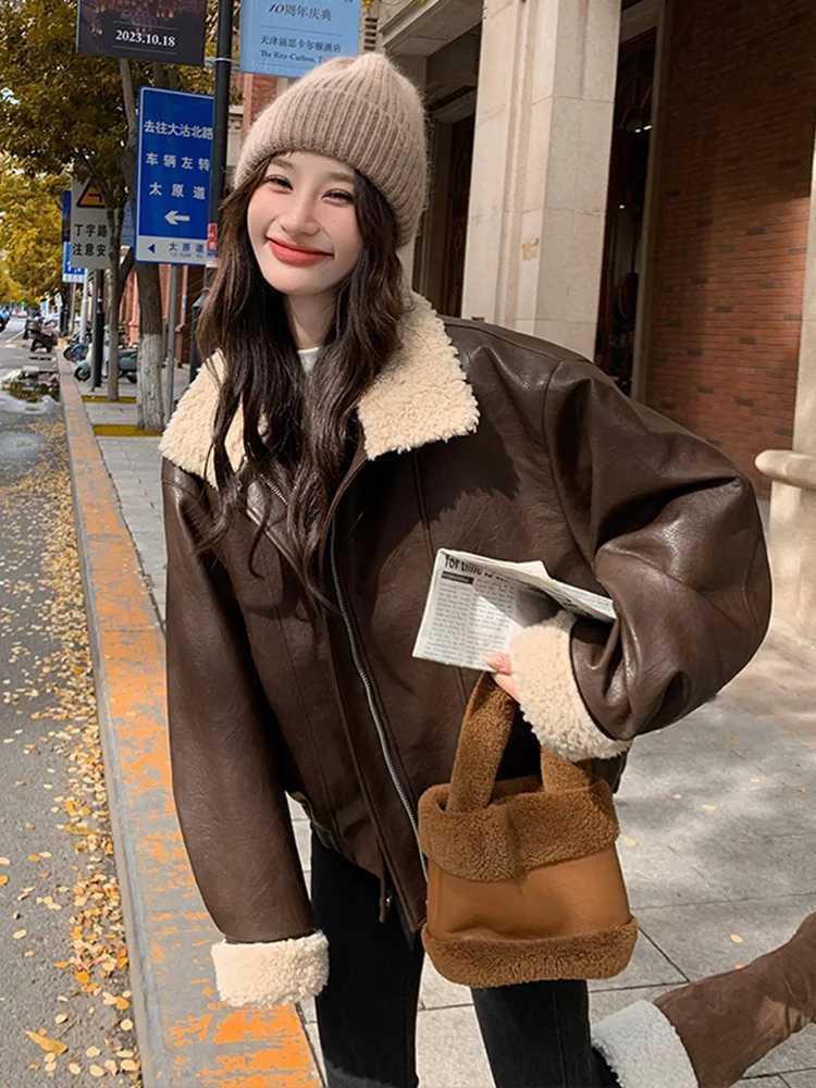 LANMREM Motorcycle Leather Fur Integrated Lamb Wool Coat For Women Lapel Long Sleeves Cool Coats 2024 Autumn Winter New 2DB1057X241018