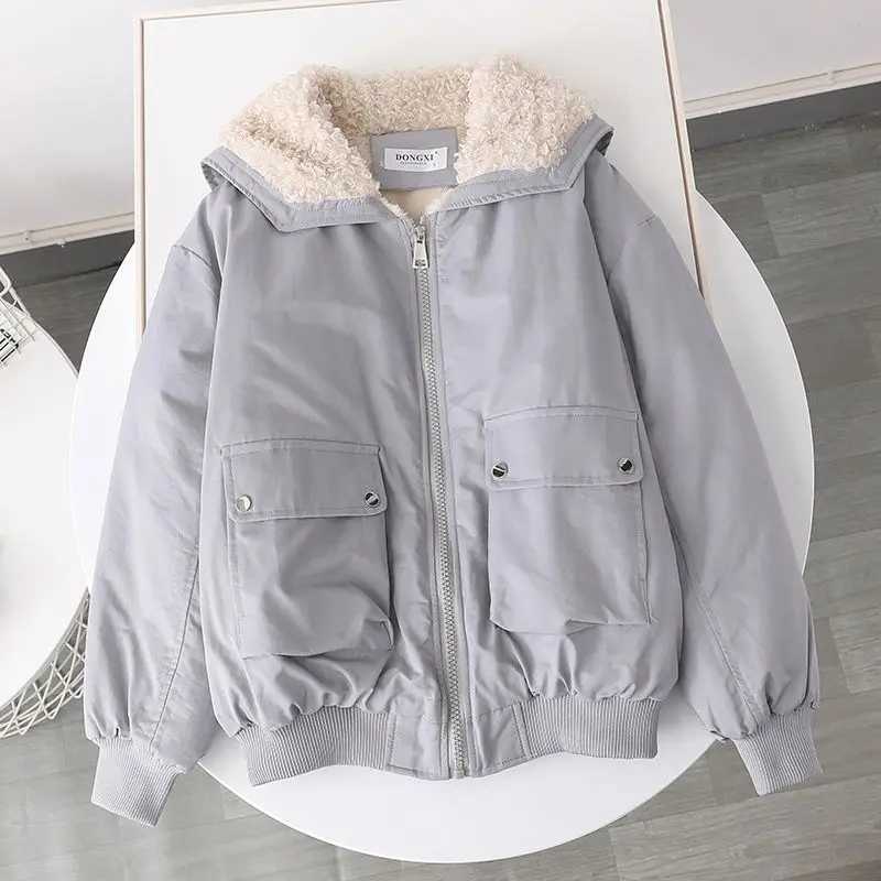 Autumn And Winter Plus Velvet Liner Candy-colored Tooling Womens Loose Coat Collar Wool Collar Imitation Lamb Student JacketX241018