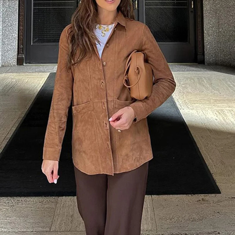 MSCSZ Brown Suede Jacket Women Long Sleeve Button Up Shirt Jacket Vintage Windbreaker Jacket Autumn Winter Coat Woman 2024 241017