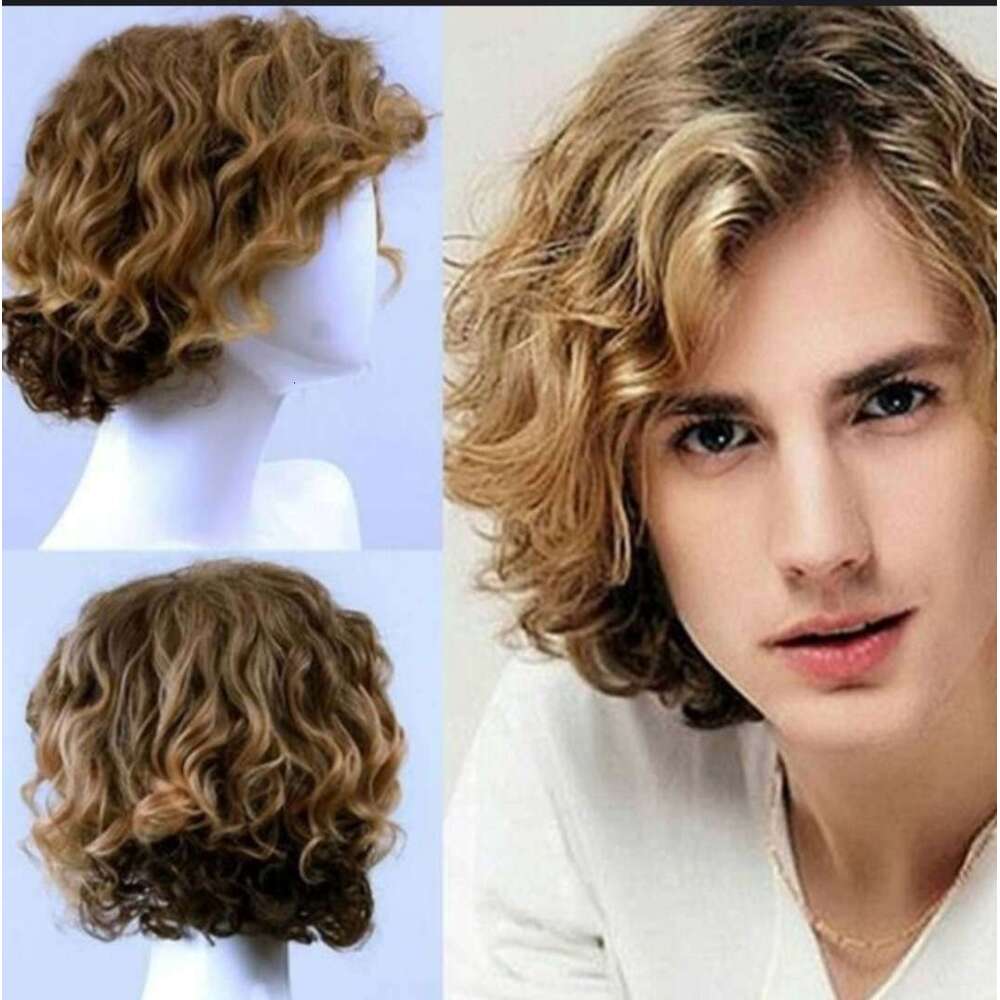 New Handsome Men's Headband With Brown Gradient Gold Partial Split Short Curly Hair Rose Net Wig