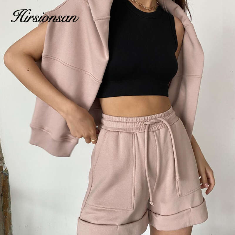 Hirsionsan Soft Cotton Sets Women 2023 New Casual Two Pieces Long Sleeve Sweatshirt & High Waist Shorts Solid Outfits Tracuit
