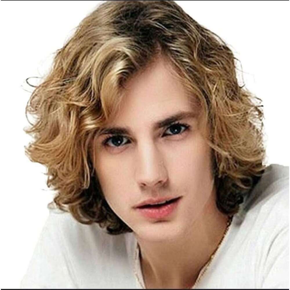 New Handsome Men's Headband With Brown Gradient Gold Partial Split Short Curly Hair Rose Net Wig