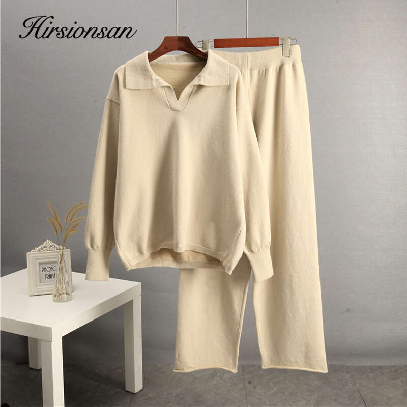 Hirsionsan Winter Thick Women Suits Soft 2 Pieces Cashmere Female Sets Polo Neck Sweater & Wide Leg Pants Knitted Outfit