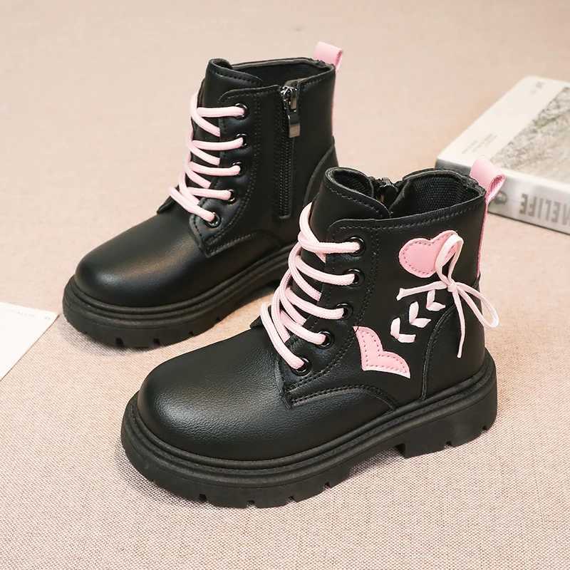 Boots Children Fashion Boots Girls Ankle Boots Elegant Zipper Cool Love Pattern Kids Princess Leather Boots Non-slip Size 26-37 H241018