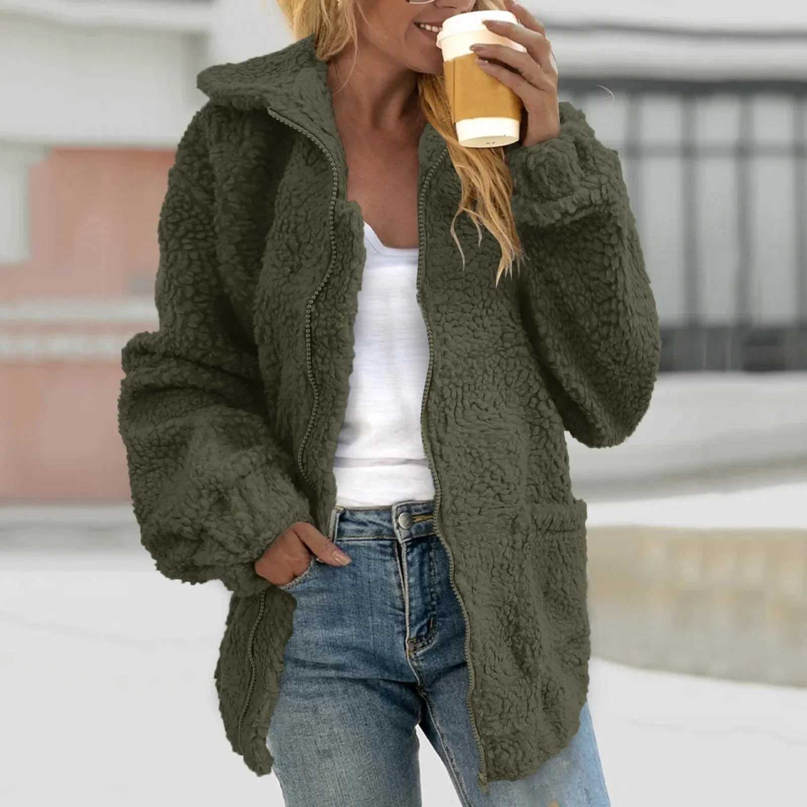 Fashion 2023 Autumn Women Teddy Bear Fluffy Jacket Stand Collar Loose Plush Jacket Brown Solid Warm Outwear Faux Lamb CoatsX241018