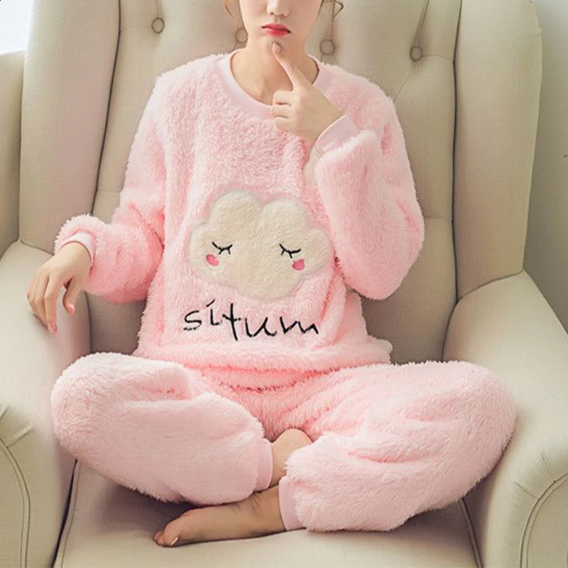 Womens autumn and winter two-piece warm flannel home clothes mens long sleeved pajamas coral velvet O-neck loose cartoon cute 241009