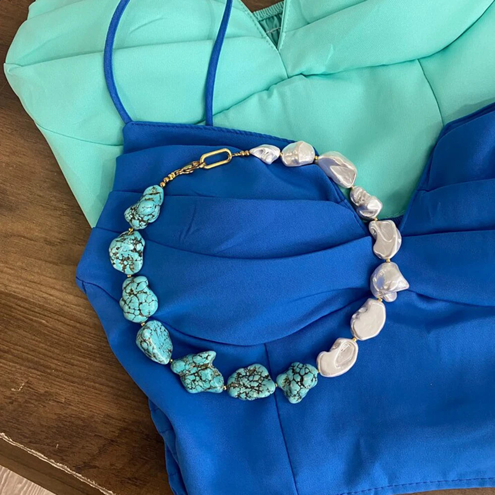 Irregular natural blue turquoise and shell bead necklace Bohemian handmade jewelry 241018