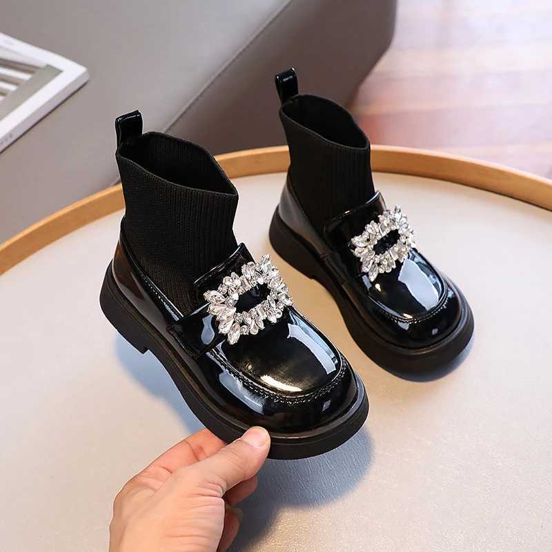 Boots Children Fashion Boots Girls Rhinestone Princess Boots Square Buckle Breathable Kids Sock Shoes 2024 Spring Autumn New H241018
