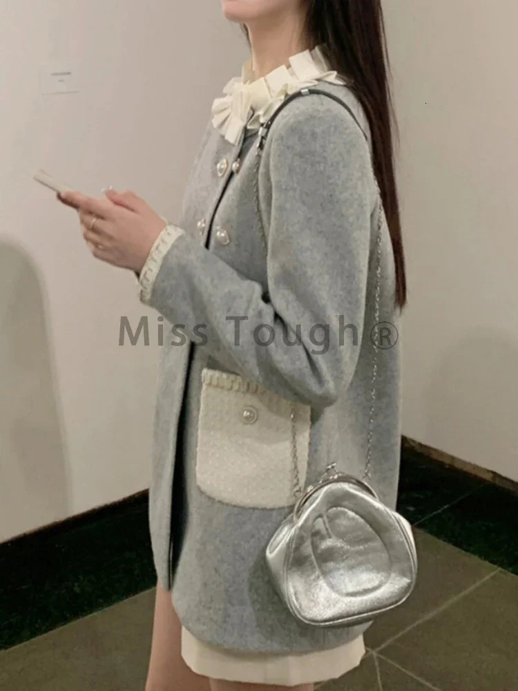 French Gray Elegnat Midlength Warm Jacket Womens Autumn Winter Princess Sweet Clothes Thickened n Causal Coat Party 241018