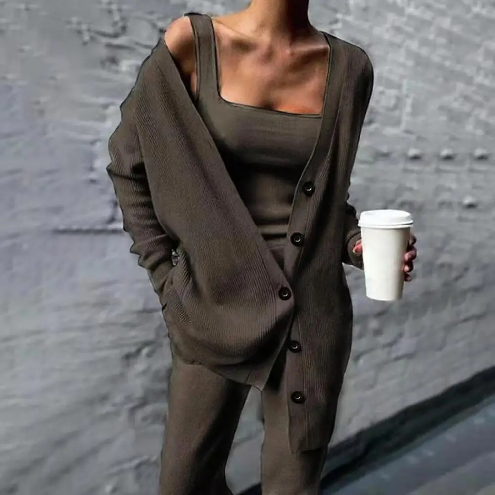 Women Three Pices Set Autumn Winter Knitted Solid Cardigan Tops Tank Top And Casual Loose Long Pants Female Suit Tracksuit 241017