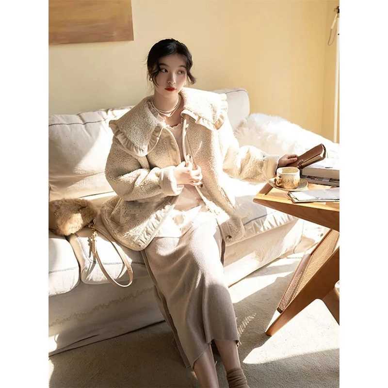 MEXZT Sweet Lamb Wool Coat Women Kawaii Peter Pan Collar Plush Jackets Korean Cute Thick Ruffled Patchwork Chic Outwear Tops NewX241018
