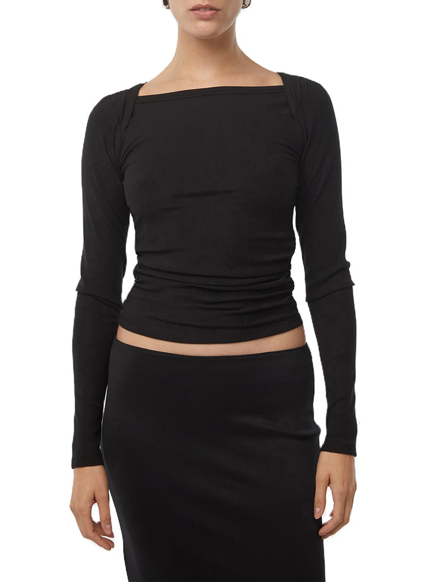 Women Long Sleeve Crop Tops Solid Color BoatNeck Fit TShirts Spring Fall Bottoming Shirts Streetwear 241018