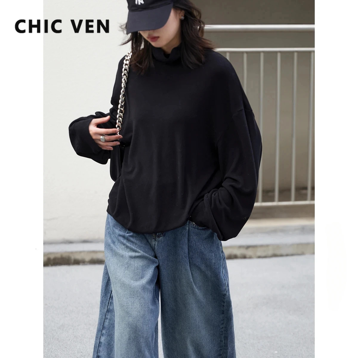 CHIC VEN Women TShirts Loose Long Sleeve Solid High Collar Basic Tees Warm Woman Tops Winter Autumn 241018