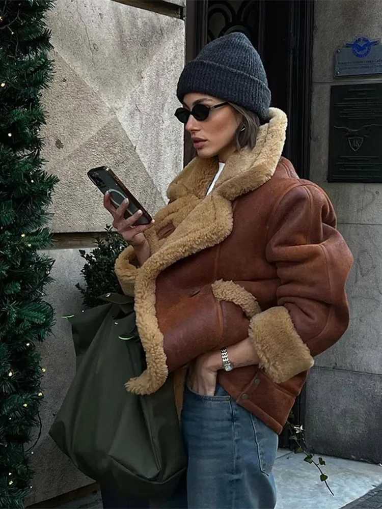 Retro Lapel Lamb Wool Lined With Thickened Suede Jacket Women Fashion Brown Long Sleeve Pocket Warm Coat Lady New Winter OutwearX241018