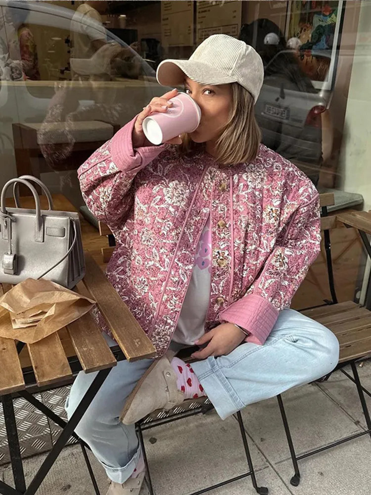 Chic Floral Printed Womens Cotton Jackets Elegant Single Breasted Stand Collar Casual Coats Fall Winter Female Quilting Outwear 241018