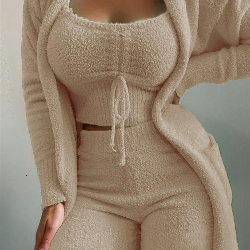 LW Plus size pocket drawstring teddy three piece pants set casual solid color tight long sleeved womens clothing 241017