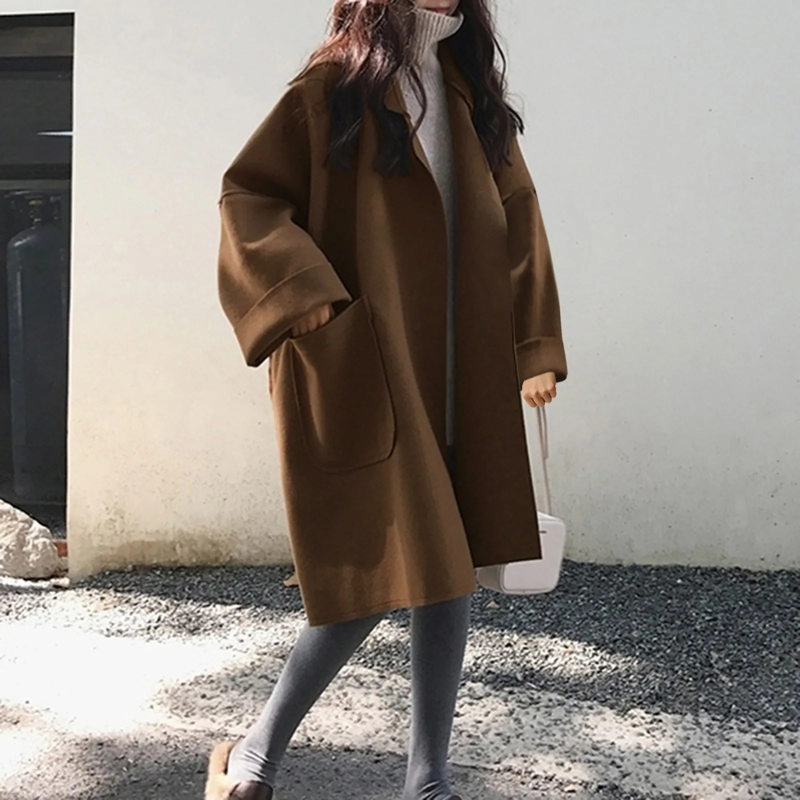 Womens Long Sleeve V Neck Faux Wool Blends Thin Jacket Coat Loose Warm Solid Overcoat Women Hiking Winter Jackets 241018
