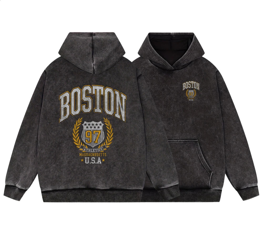 Boston 97 Atletics Usa Man Vintage Washed Cotton Sweatshirts Fashion Pullover Loose Fleece Hoodie Autumn Casual 241017