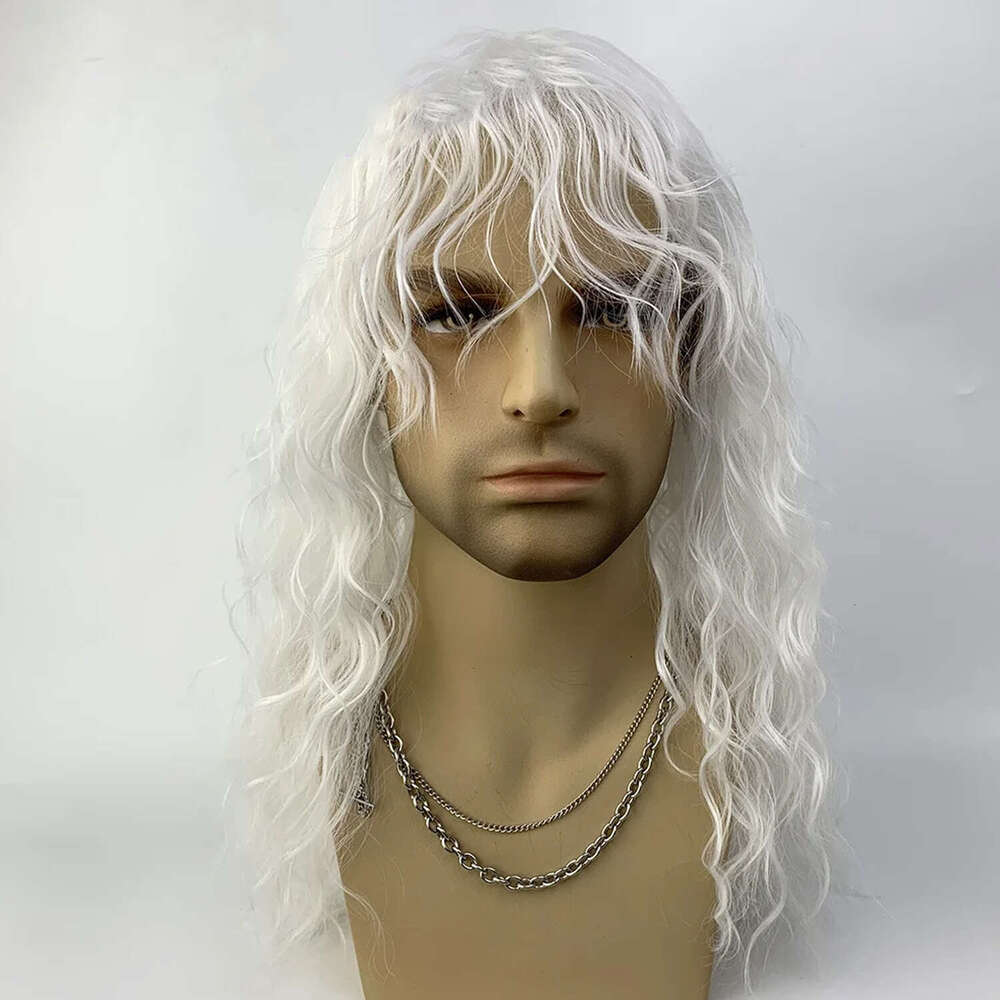 18 Inch Synthetic Rock Men/Women Black White Bangs Long Wavy Curly Party or Halloween Wig