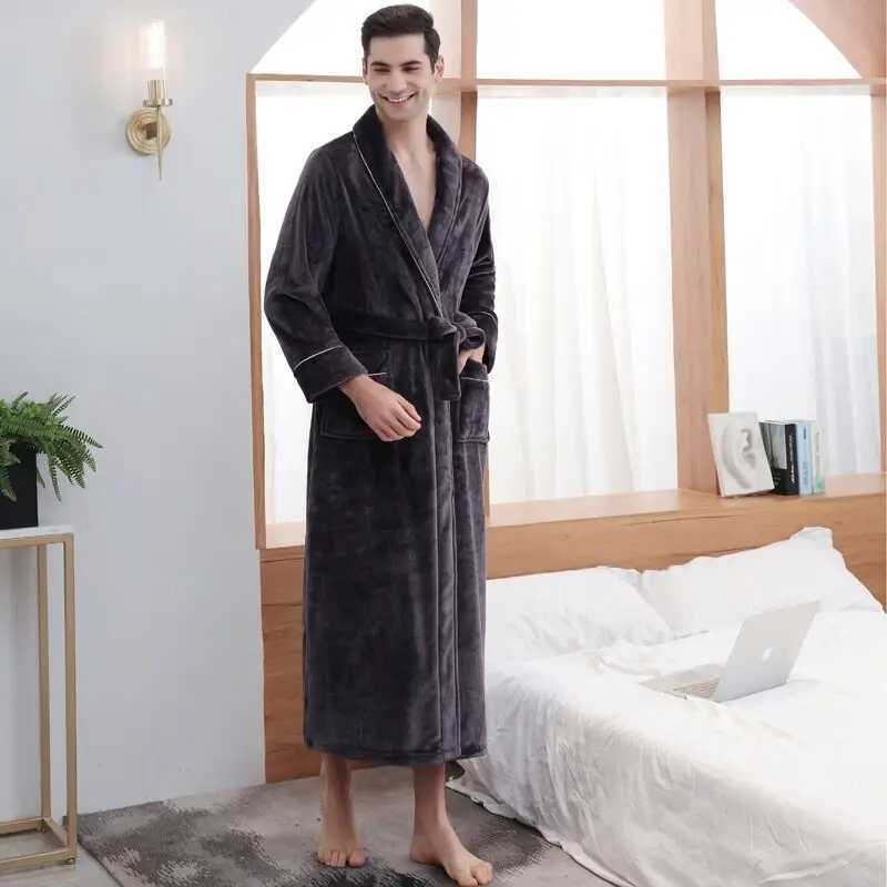 Men Luxury Winter Super Long Thick Warm Pocket Flannel Bathrobe Plus Size Fleece Kimono Bath Robe Couple Night Dressing GownXJ241018