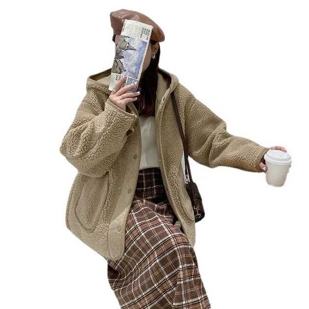 Ladies Cute Ins Hooded Button Up Jacket Womens Spring Autumn Winter Chic Loose Warm Lamb Coat Outerwear Female Cheap WholesaleX241018