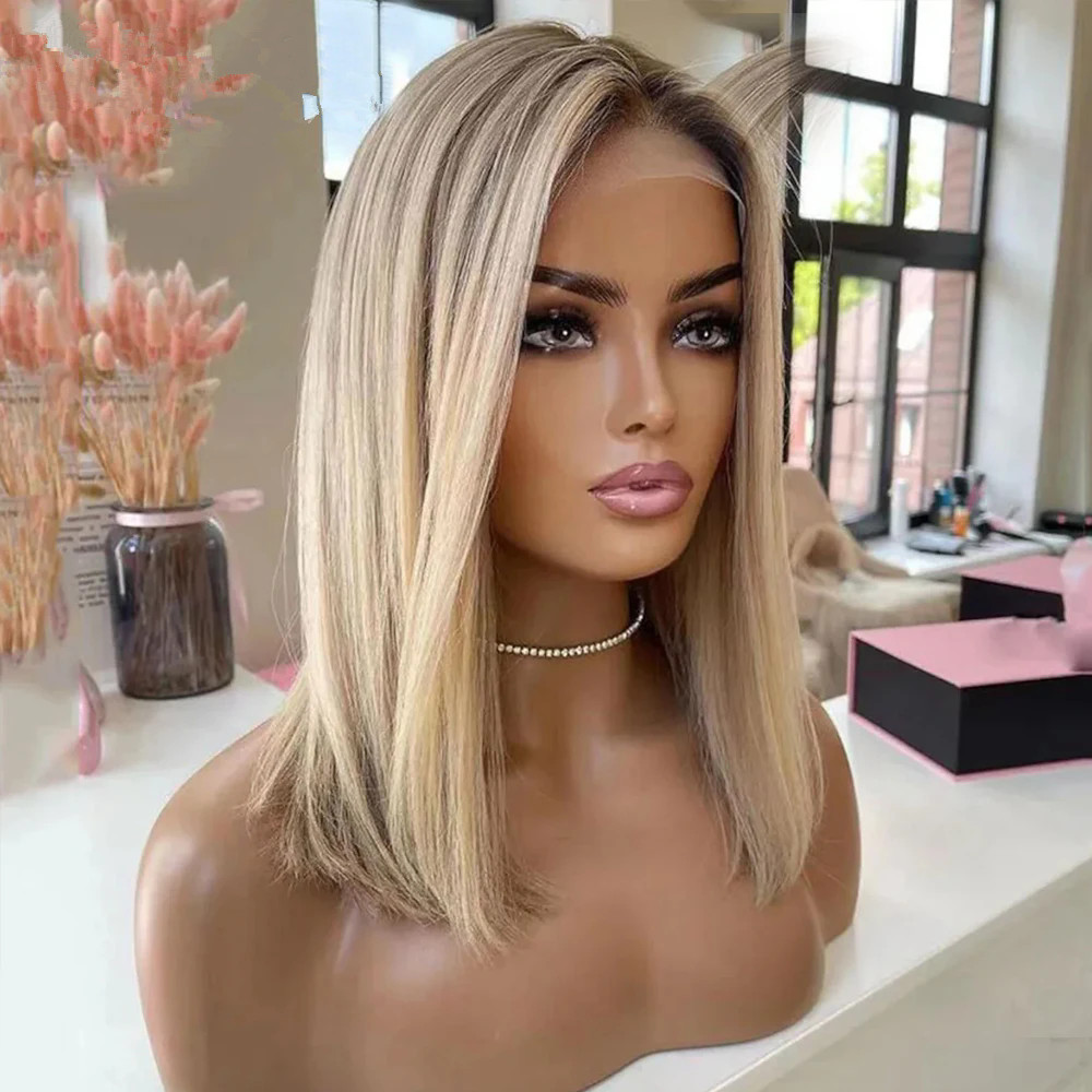 Ash Blonde Ombre full lace Human Hair Wig 150 Density Body Wave Brazilian Remy Hair Lace Front Wigs Preplucked Transparent Lace Wigs short 8-16inch