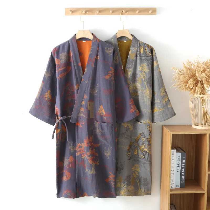 Kimono Robe Cotton Pajamas Spring Summer Loose Double Layer Gauze Mens Bathrobe Floral Print Sleepwear Lounge GownXJ241018