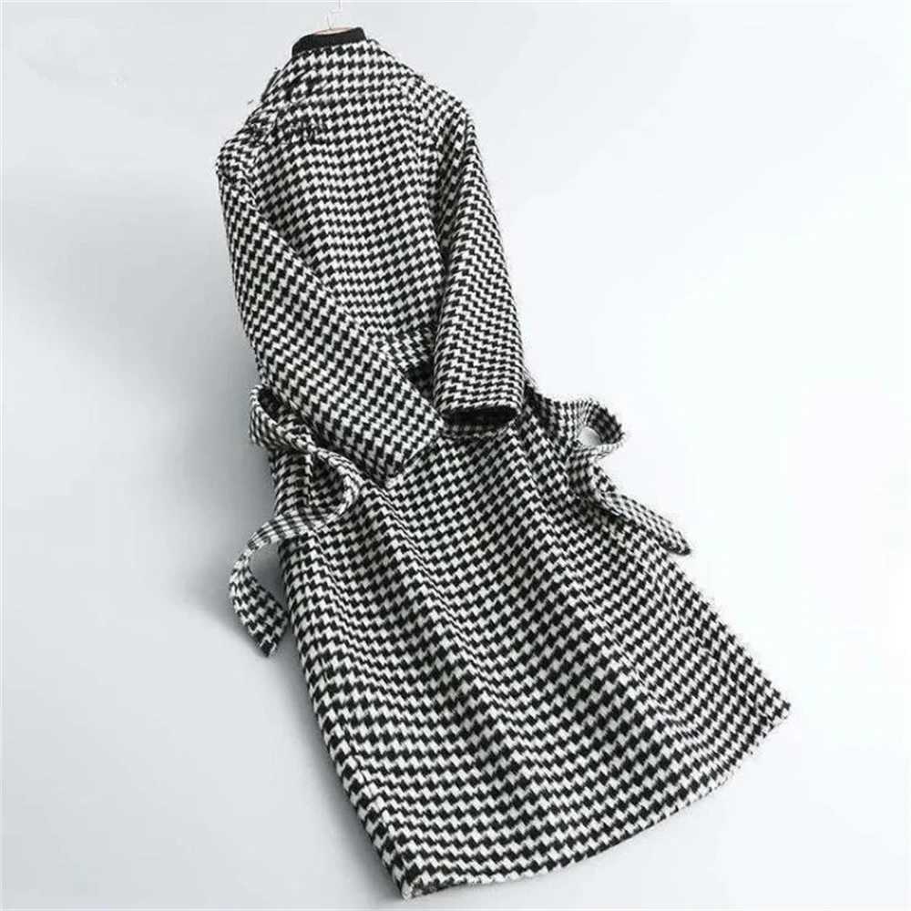 Women Long Plaid Woolen Jackets Houndstooth Waistband Coats Spring Blends Long Outerwear Autumn Belt Overcoat Wool S-2xlX241009