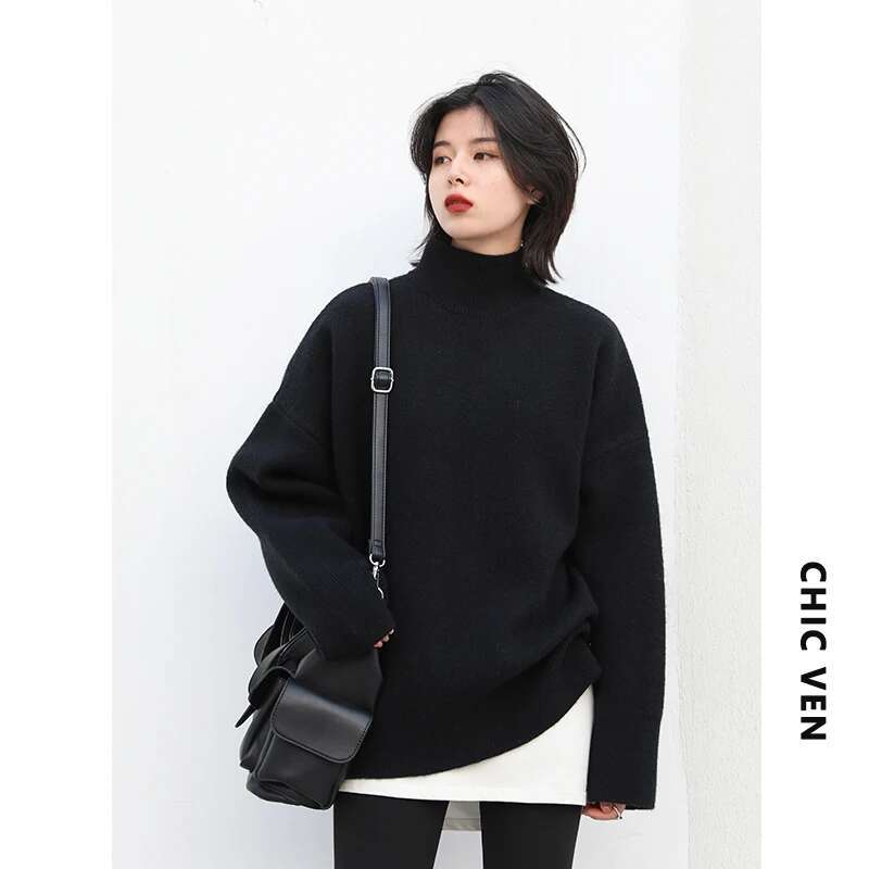 CHIC VEN Women's Sweater Solid Turtleneck Loose Pullover Womens Winter Sweaters Thick Warm Woman Tops Female Coat Autumn 2022