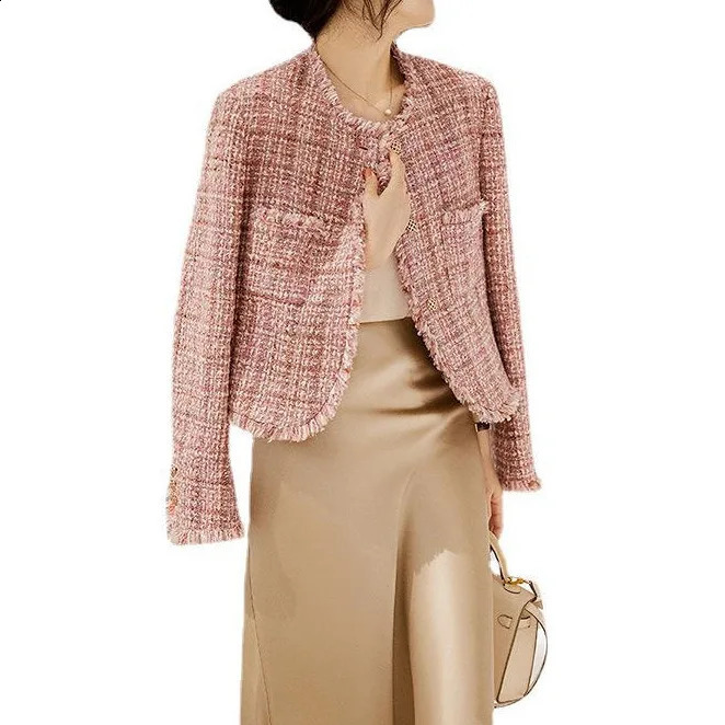 pink Tweed Wool coat spring and autumn tweed high sense 2024 autumn short coat top womens jacket 241017